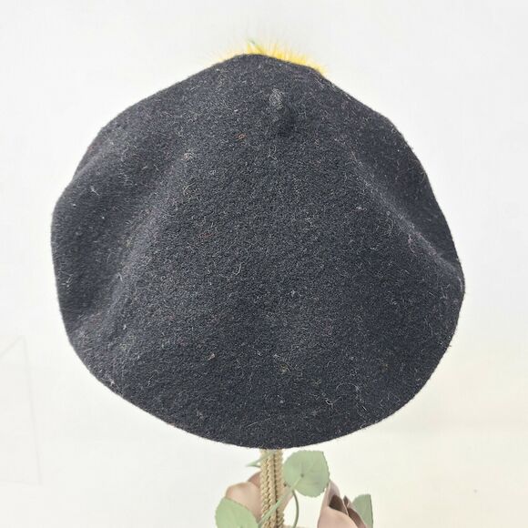 Vintage Yellow Feather Womens Black 100% Wool Basque Beret Christina NYC Artsy